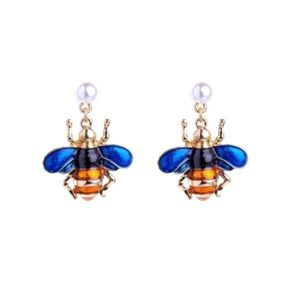 Blue Enamel Glaze Pearl Bumble Bee Gold Statement Dangle Earrings - Picture 1 of 8